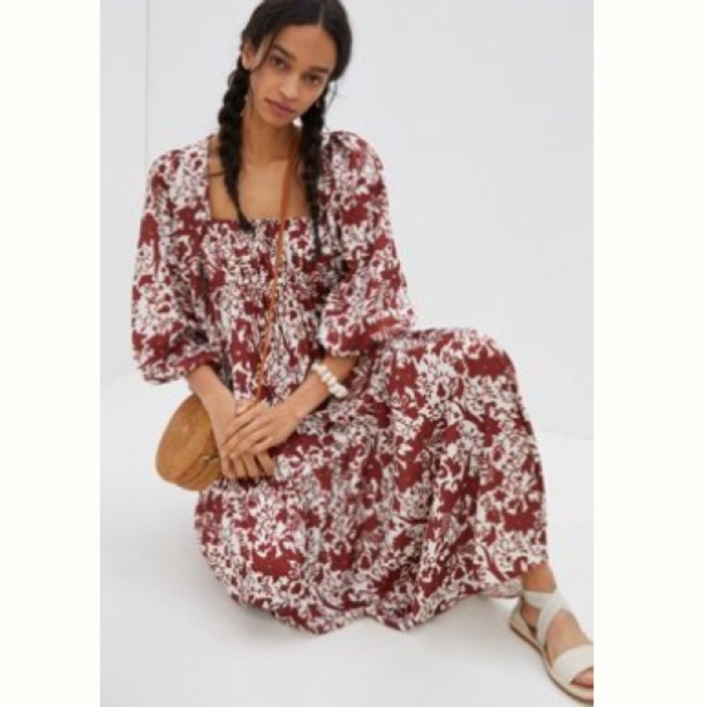 Anthropologie Floral Bohemian Maxi Dress - Red and White